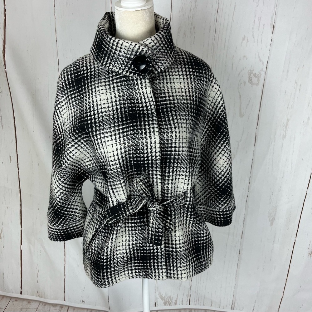 Houndstooth funnel neck cropped belted jacket medium